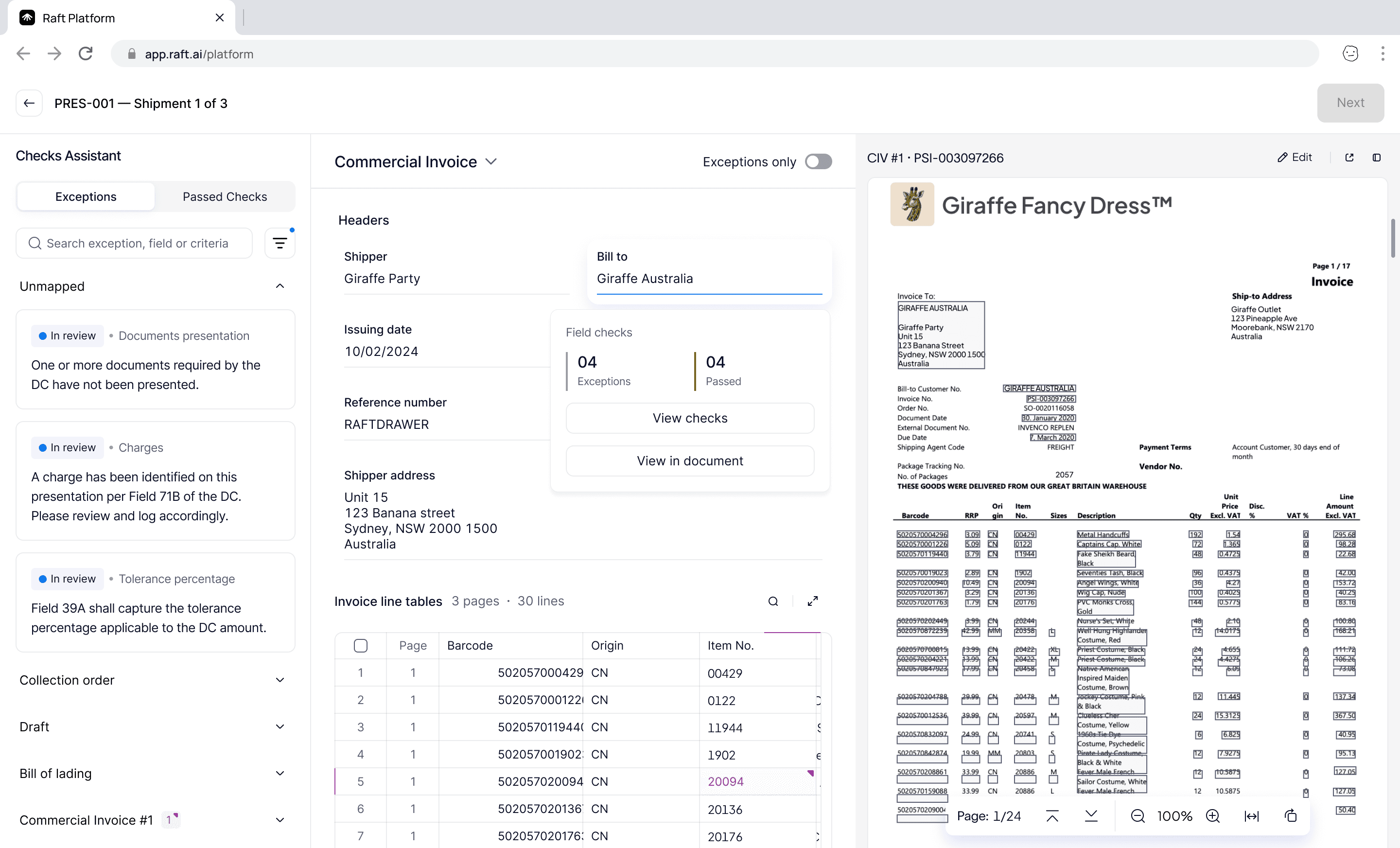 Field-level interaction showing check count, view checks, and view in document options