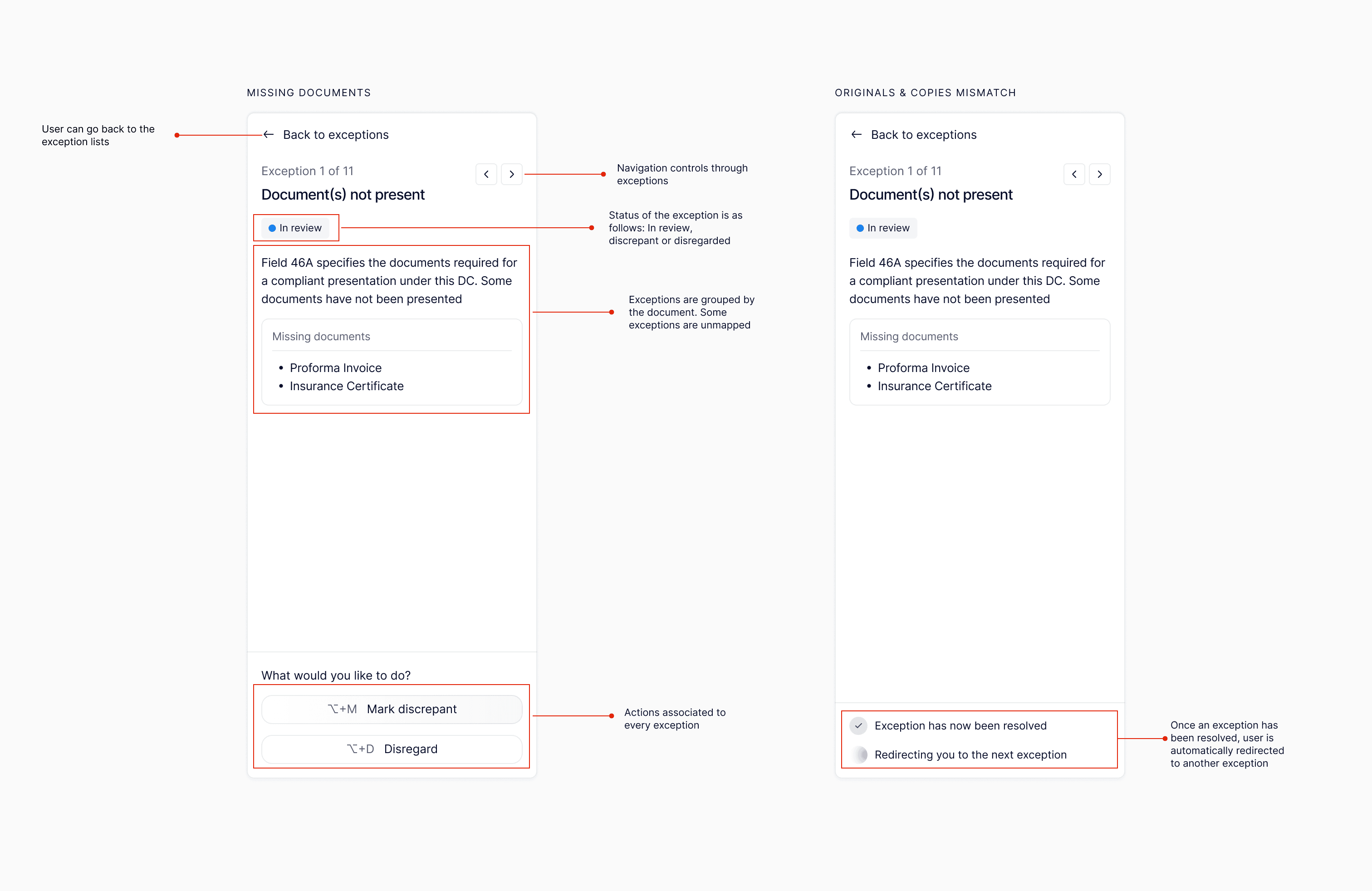 Exception review flow with mark discrepant and disregard actions