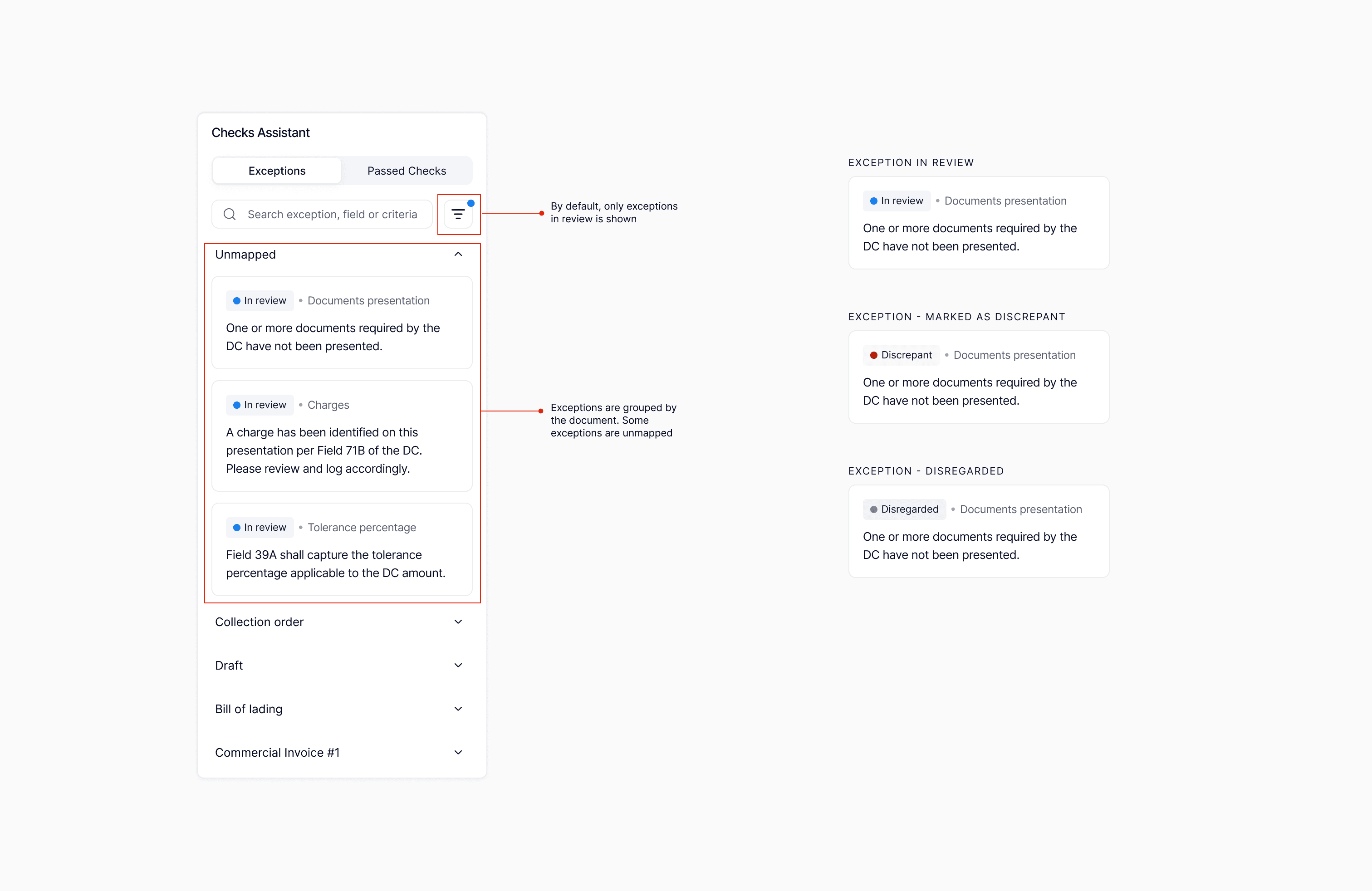 Checks Assistant panel showing exceptions grouped by document with status annotations