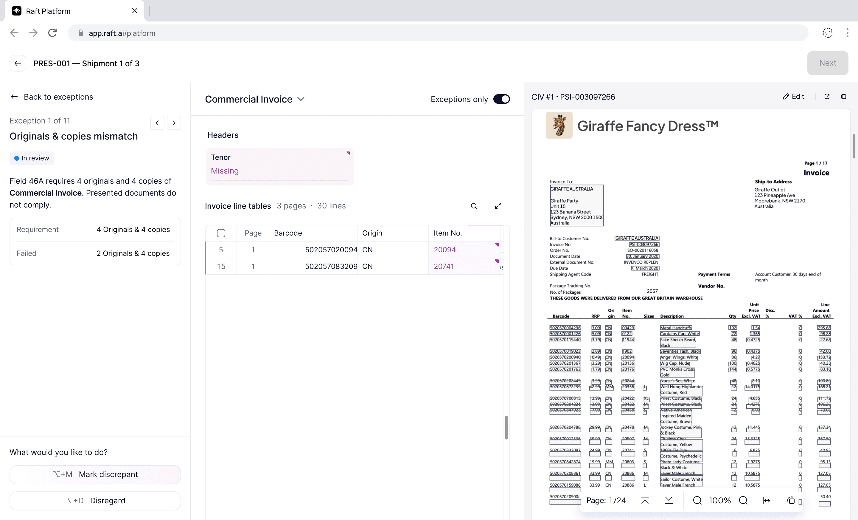 Exception detail showing originals and copies mismatch with mark discrepant and disregard actions