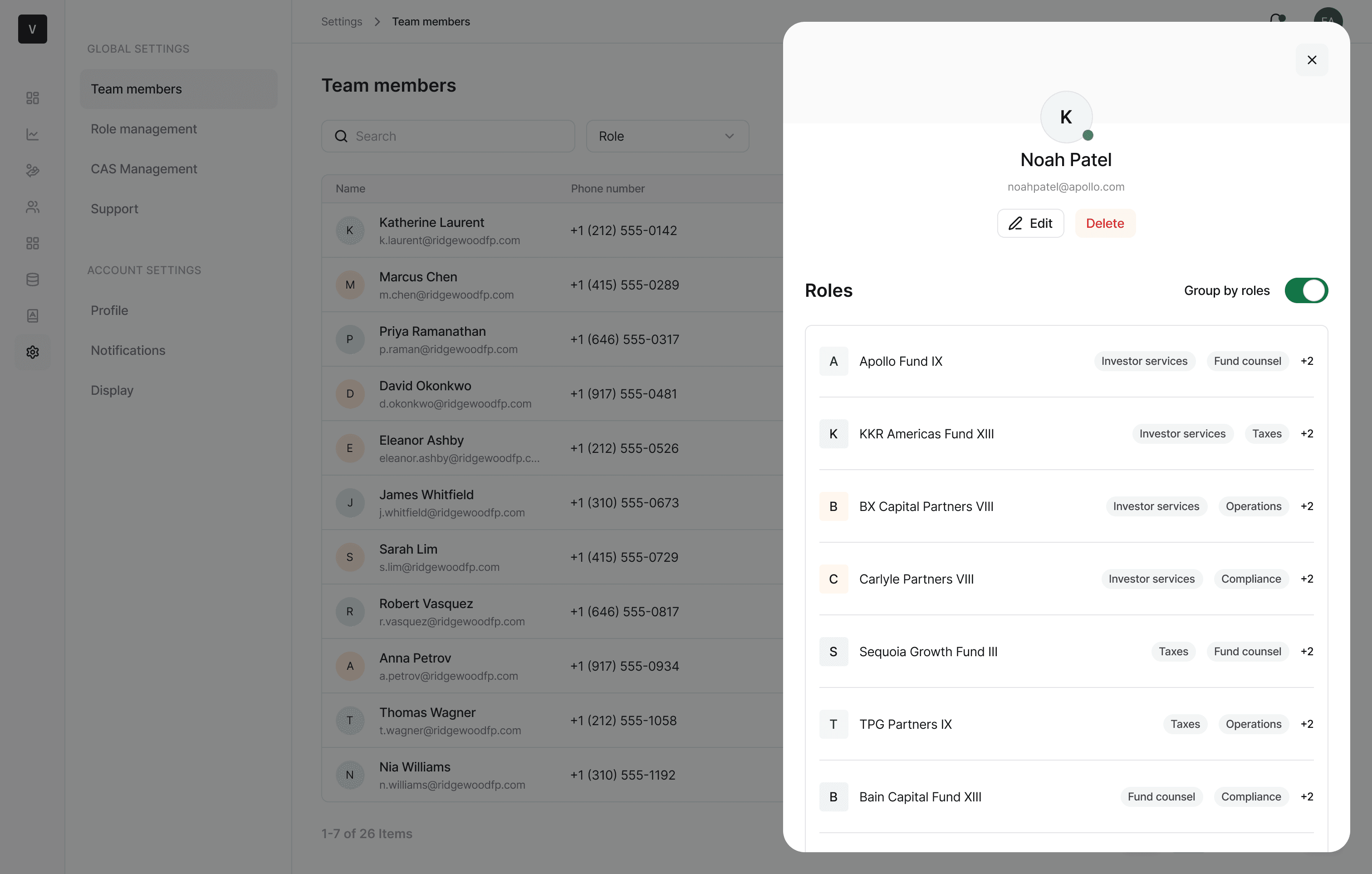 User detail drawer with Group by roles toggle enabled, showing funds with associated role tags